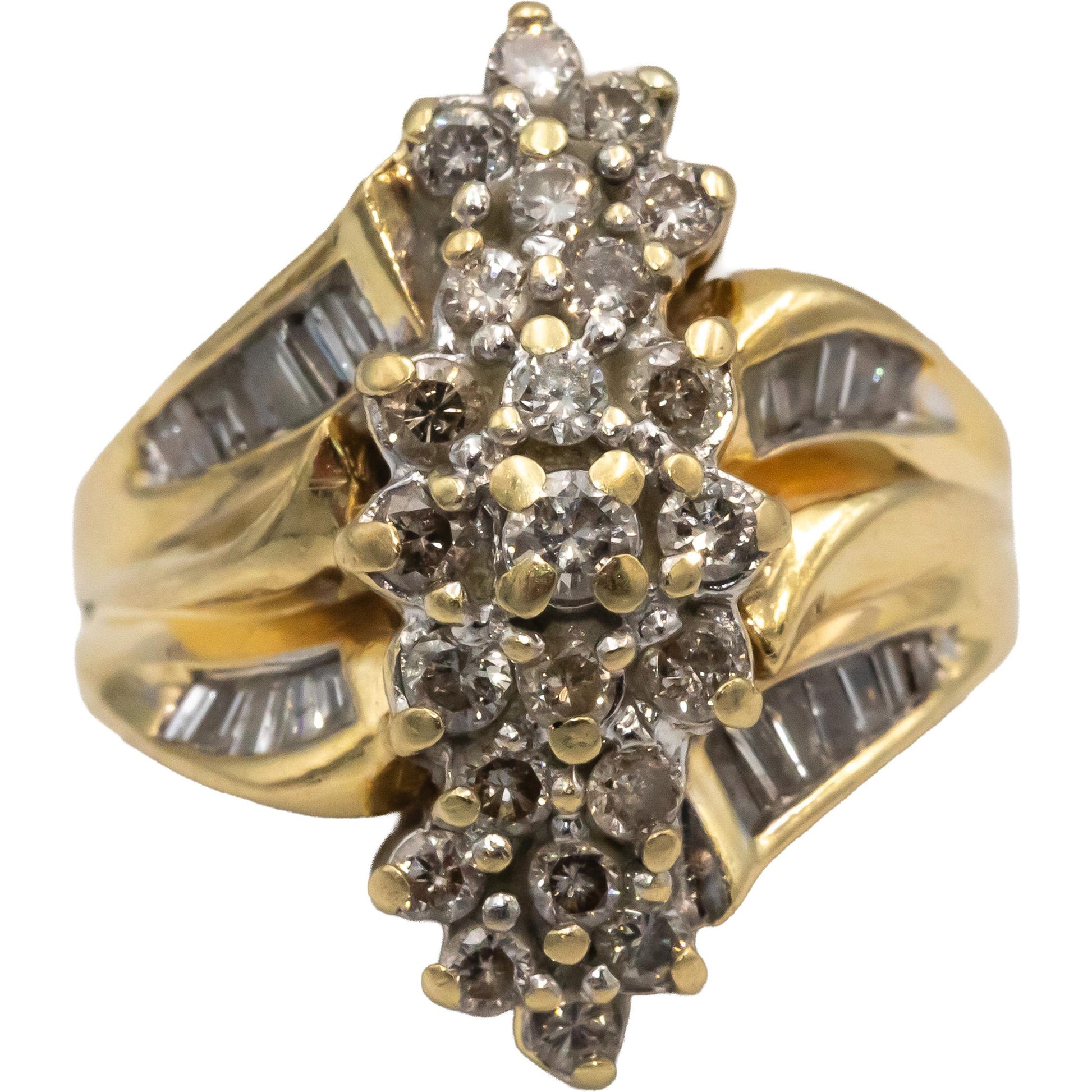 14k Yellow Gold Baguette & Round Diamond Cluster Cocktail Ring 1.0CT Size 6.5