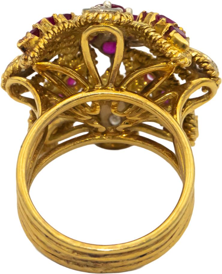 18k Yellow White Gold VS Round Diamond Ruby Floral Cocktail Ring 1.15CT Sz 6.75