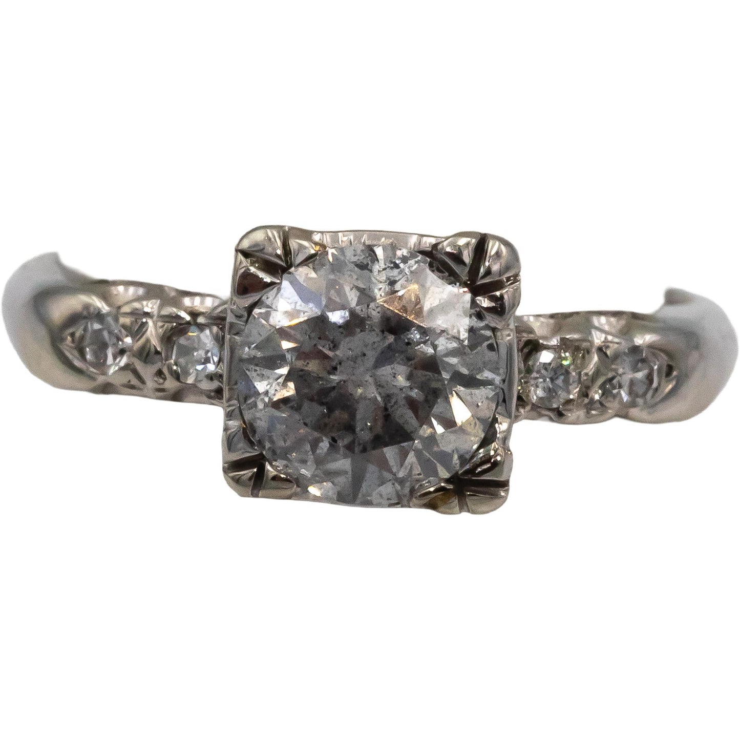 Vintage Antique 14k White Gold Old Euro Diamond Engagement Ring 1.08CT Size 5.5