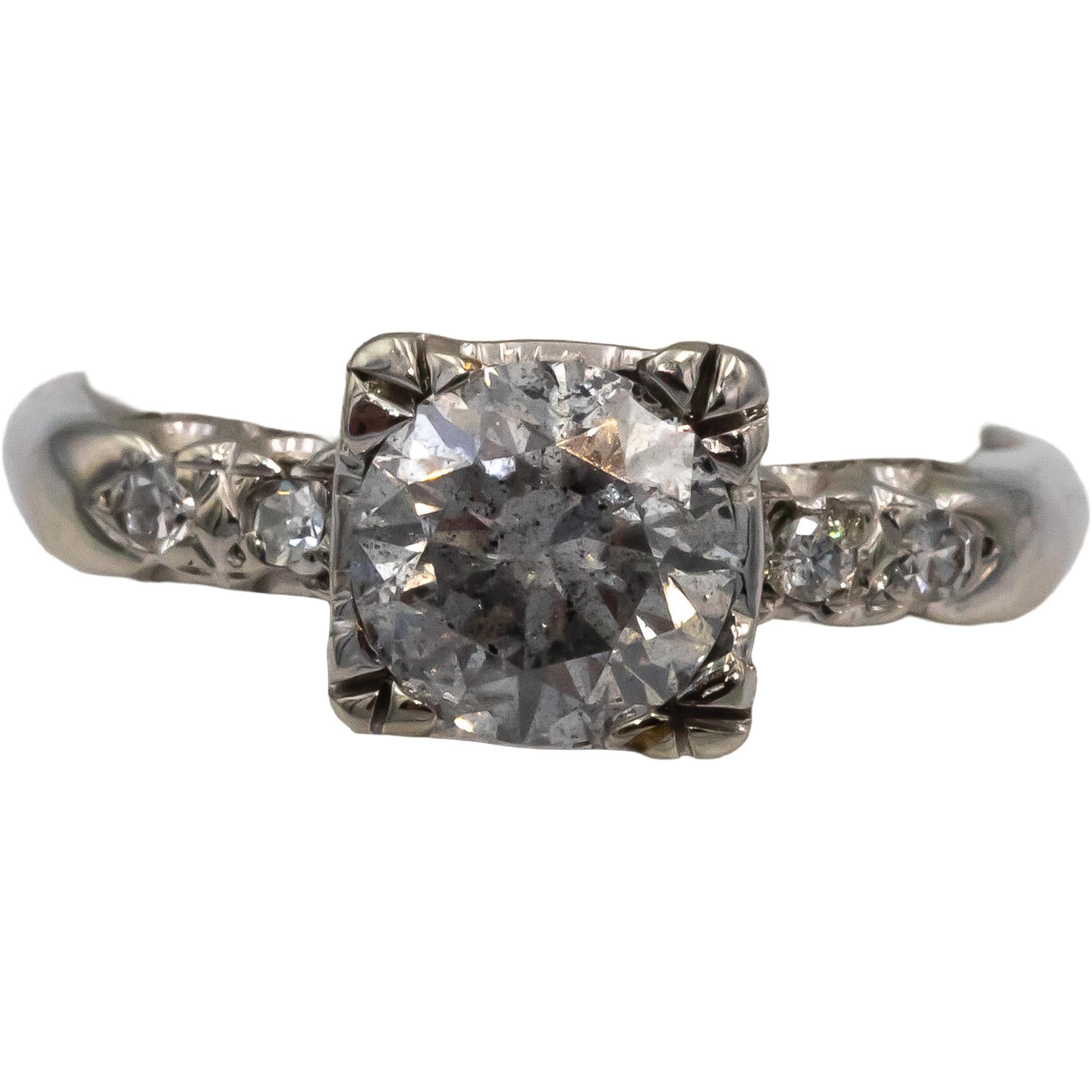 Vintage Antique 14k White Gold Old Euro Diamond Engagement Ring 1.08CT Size 5.5