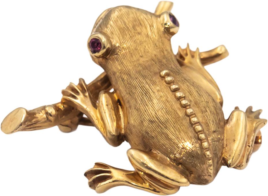 Vintage 14k Yellow Gold Jewelry Tree Frog Brooch w/ Ruby & Sapphire Eye Accents