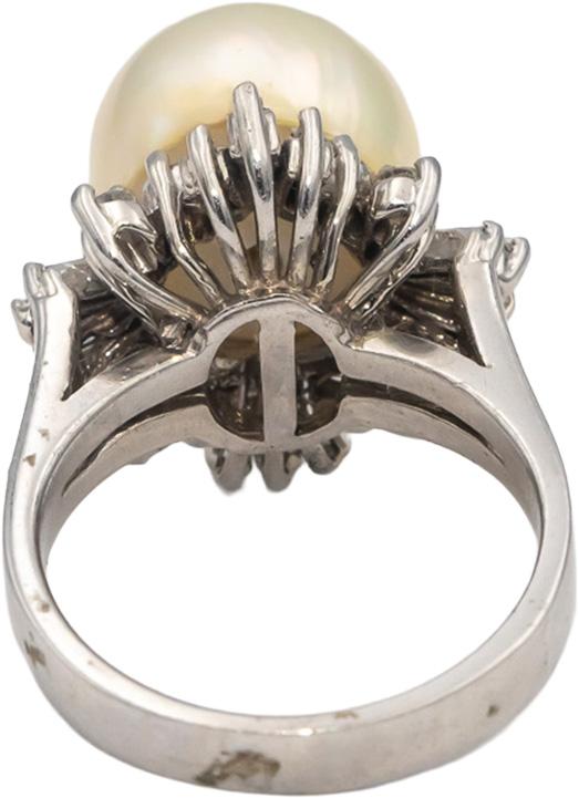 14k White Gold 11.0mm Pearl Round & Baguette Diamond Ring 0.50CT Size 4.75