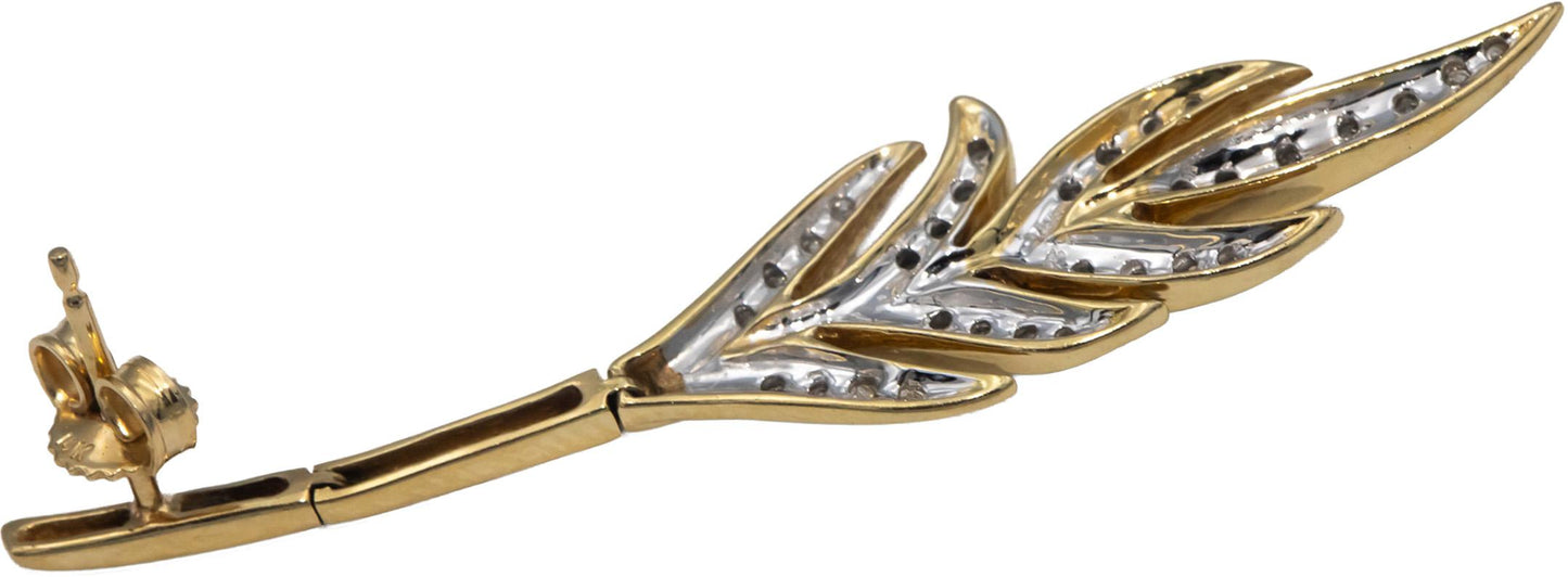 14k Yellow Gold Round Diamond Feather Dangle Earrings 0.31CT