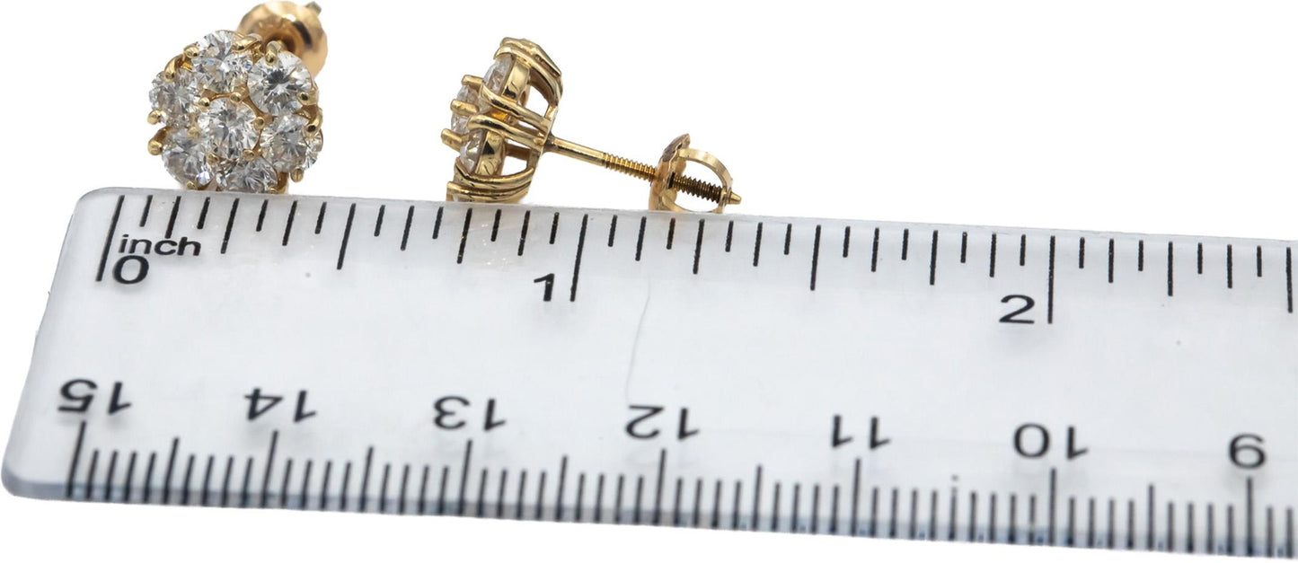 14k Yellow Gold Round Diamond Cluster Flower Stud Screw Back Earrings 2.20CT