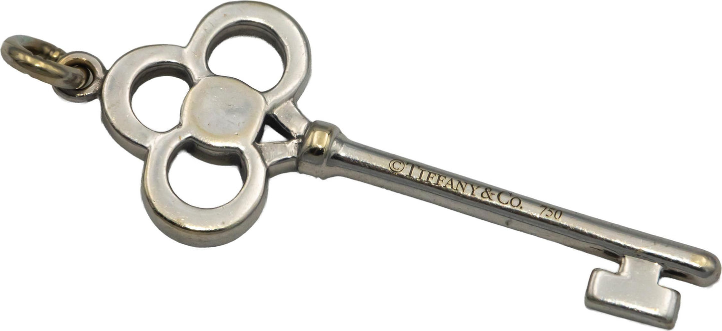 TIFFANY & CO. 18k White Gold Round Diamond Crown Key Pendant 0.11CT w/ Pouch