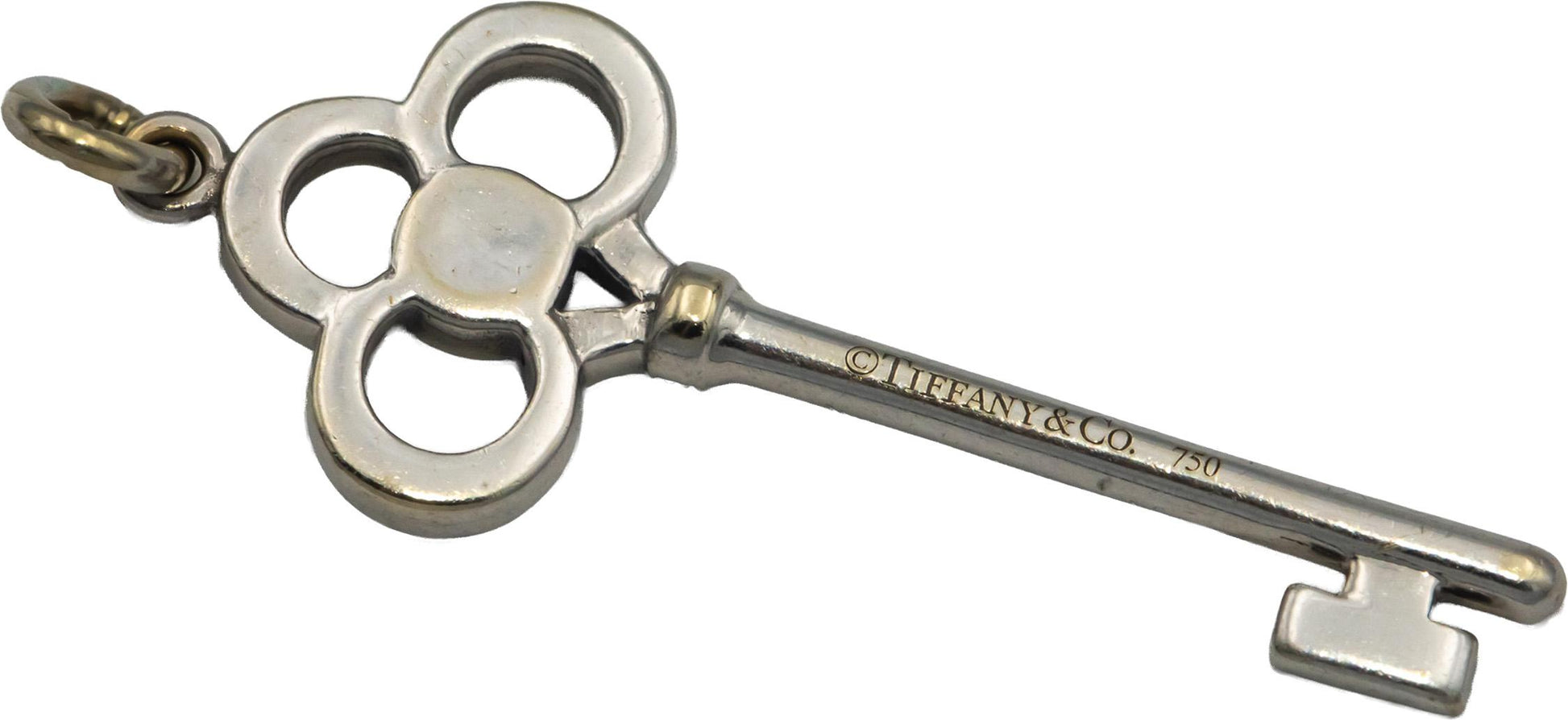 TIFFANY & CO. 18k White Gold Round Diamond Crown Key Pendant 0.11CT w/ Pouch
