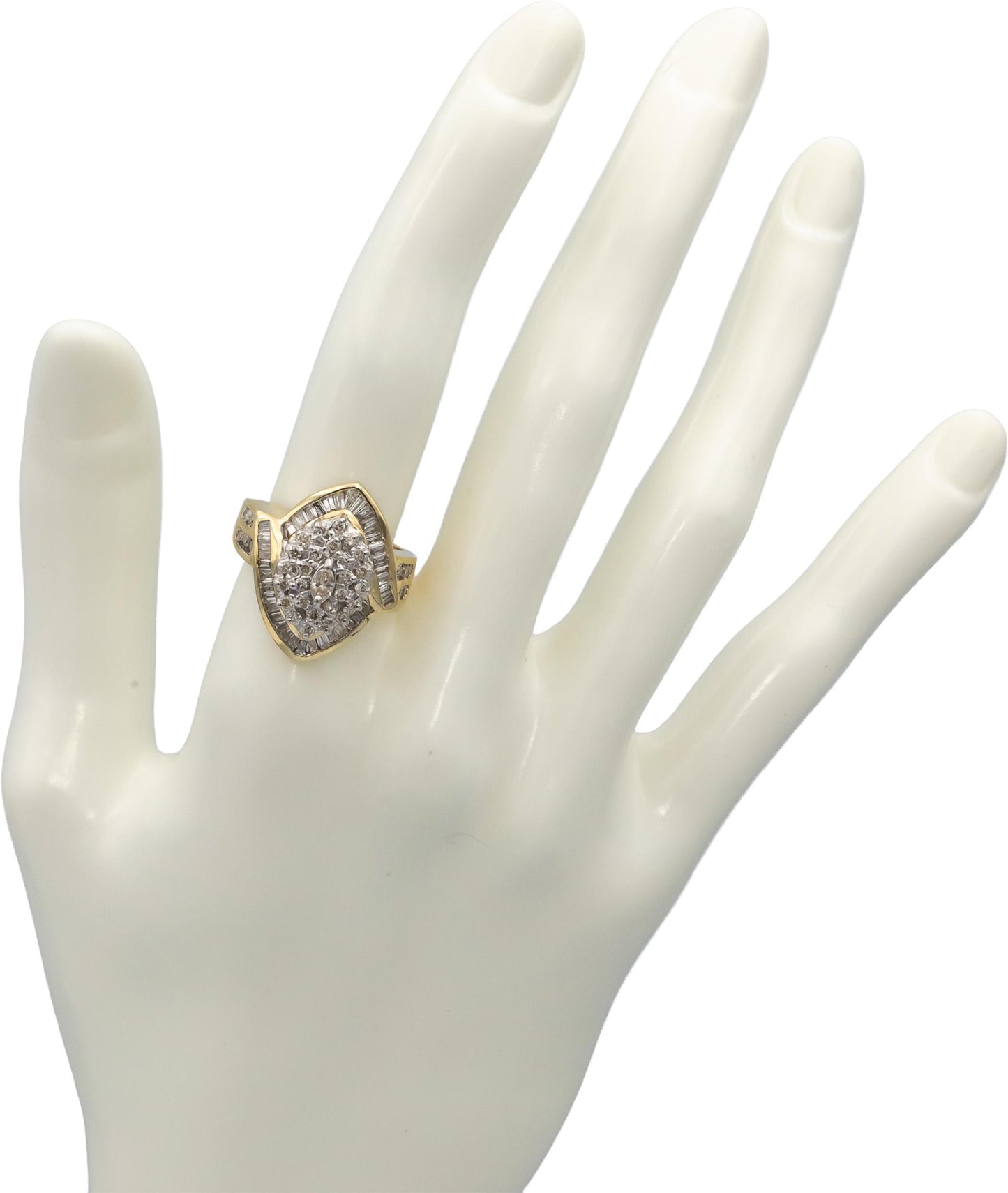 14k Yellow Gold Round and Baguette Diamond Cluster Cocktail Ring 1.0CT Size 7