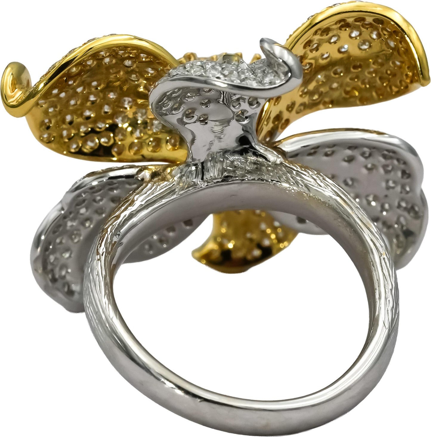 18k Yellow and White Gold Round Pave Diamond Flower Ring 2.0CT Size 6.5