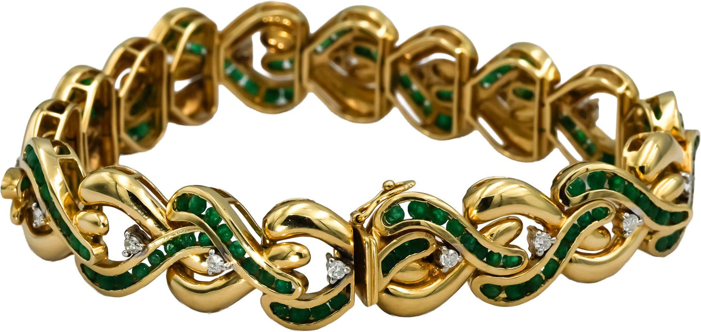 14k Yellow Gold Emerald and Diamond Fancy Link Bracelet 2.35CT