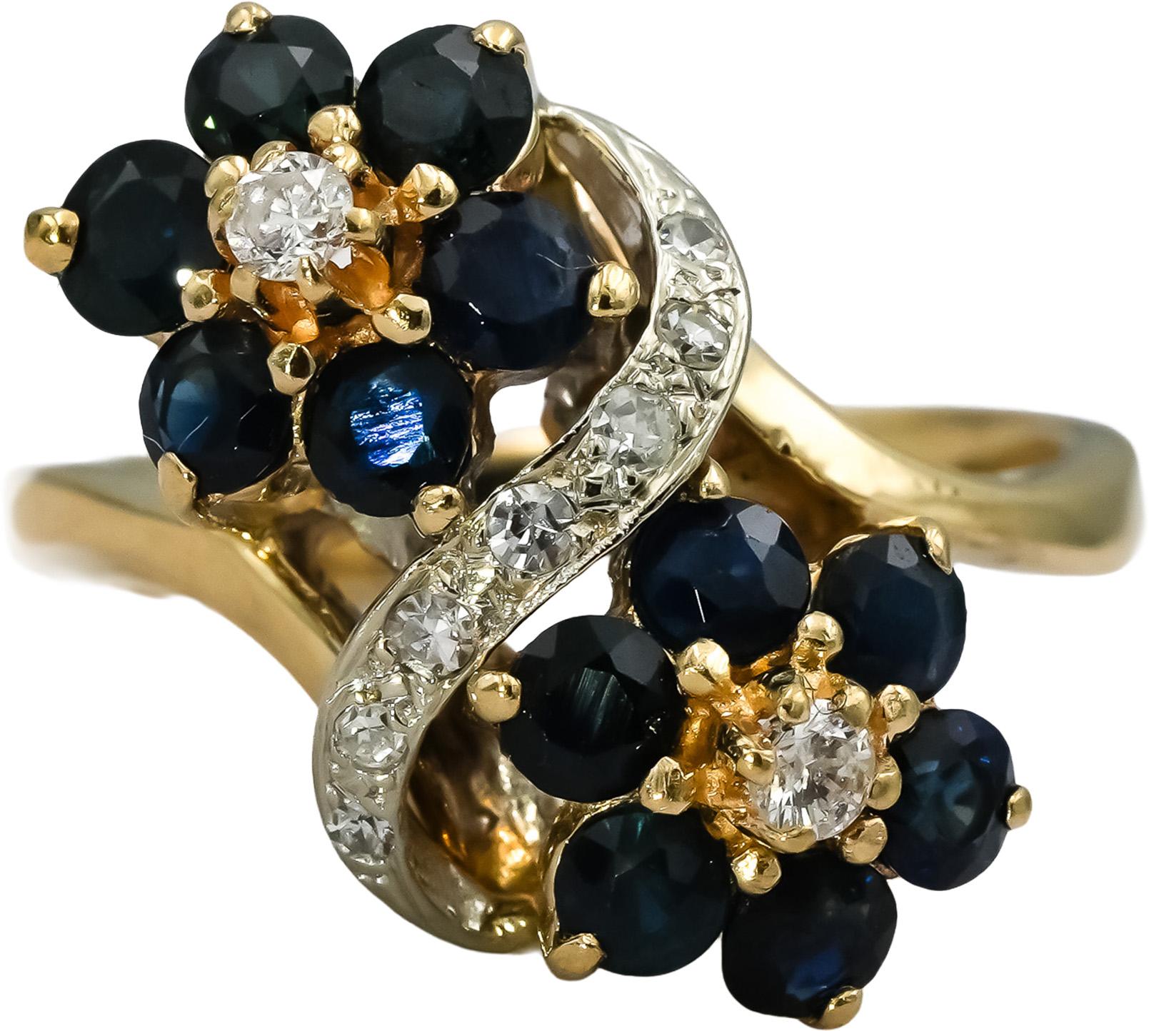 14k Yellow Gold Diamond and Sapphire Flower Cocktail Ring 1.60CT Size 8