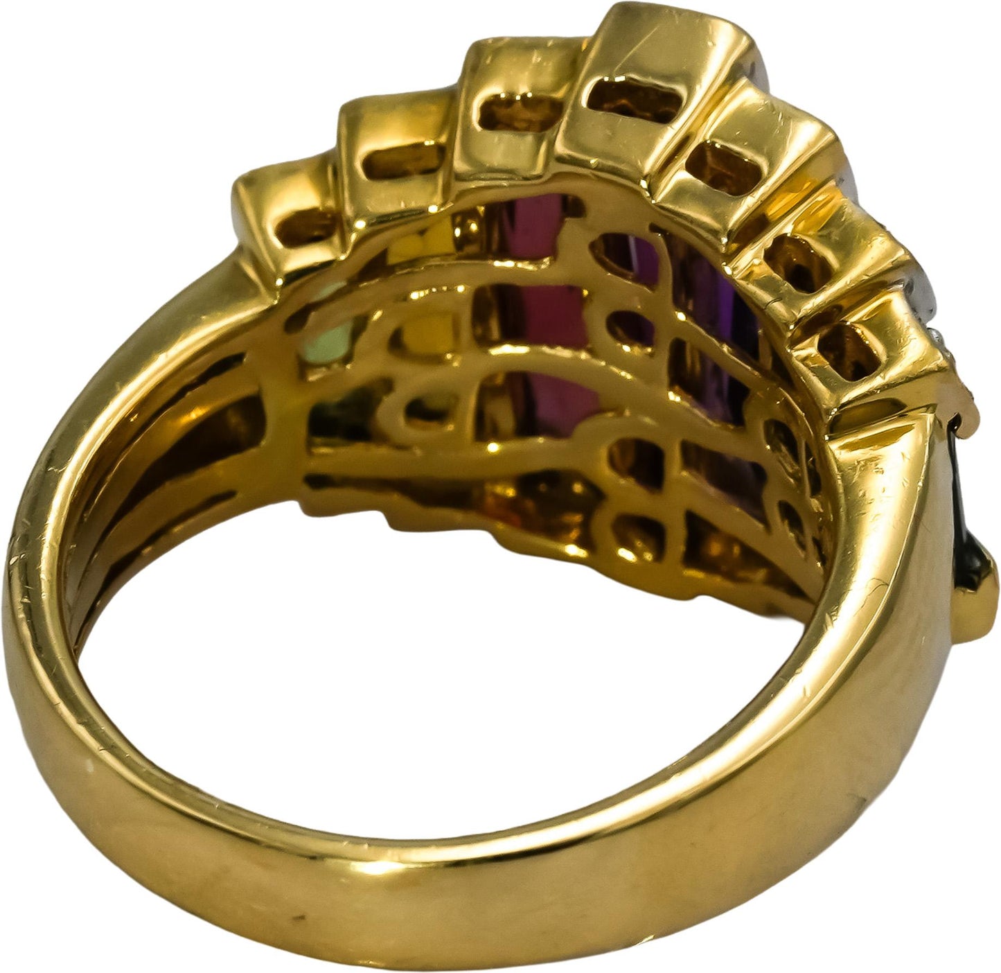 BELLARI 18k Yellow Gold Diamond and Rainbow Gemstone Cocktail Ring 0.07CT Size 7