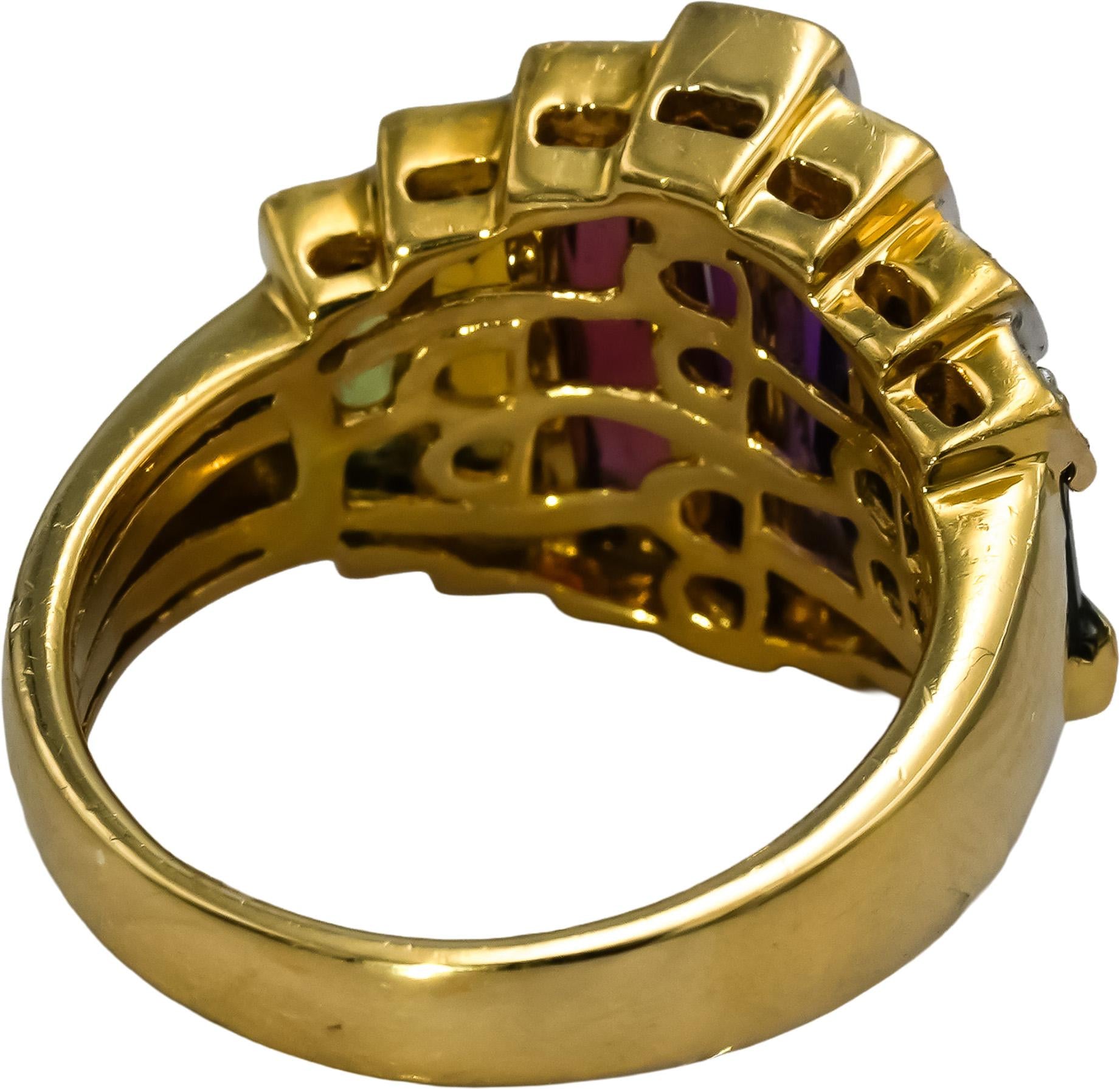 BELLARI 18k Yellow Gold Diamond and Rainbow Gemstone Cocktail Ring 0.07CT Size 7