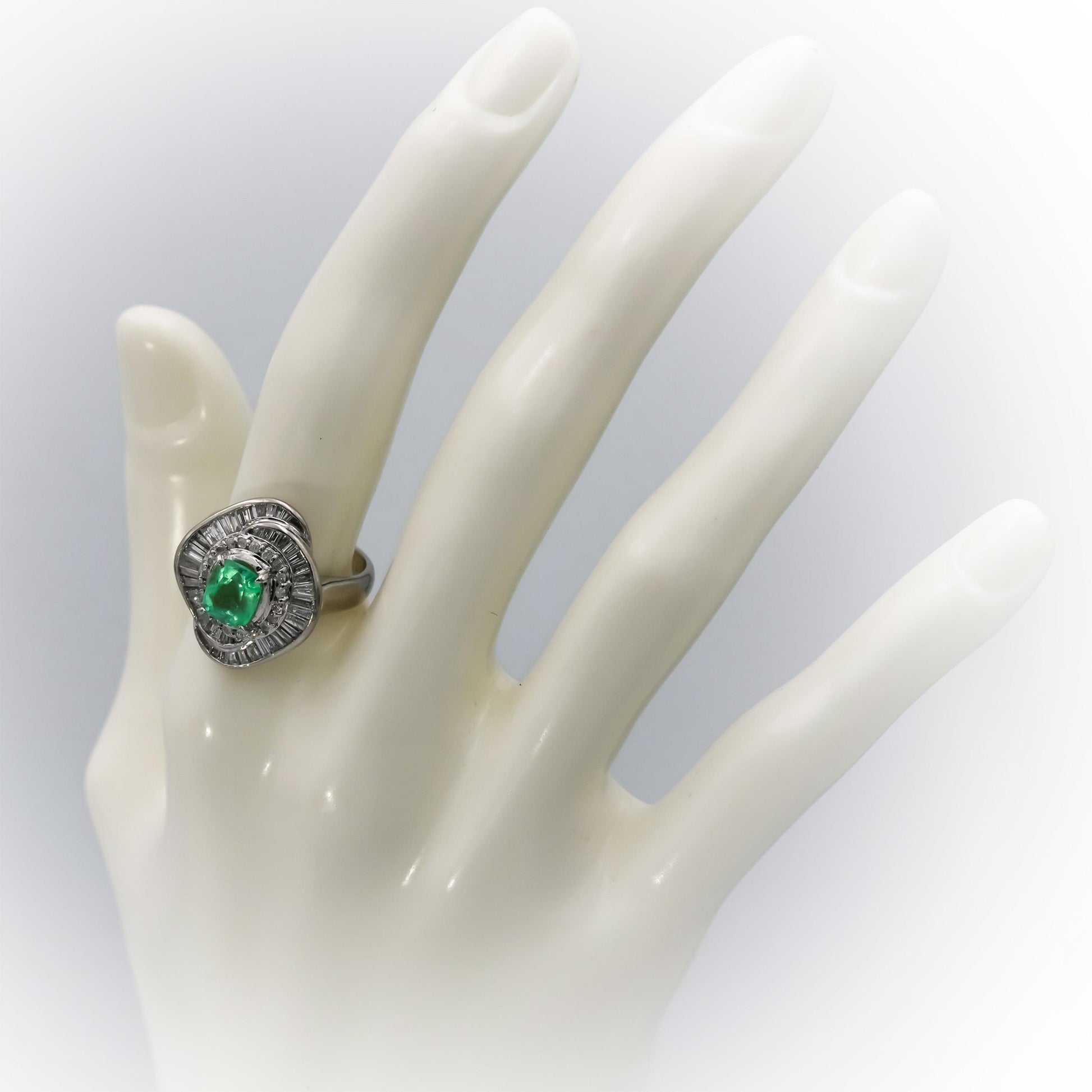 Platinum Round and Baguette Diamond Cushion Emerald Cocktail Ring 2.16CT Sz 6.25