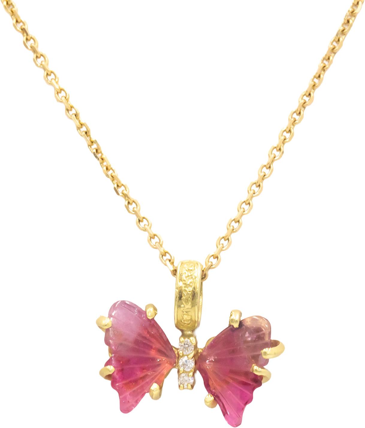 18k Yellow Gold Diamond and Pink Tourmaline Butterfly Pendant Necklace 4.06CT