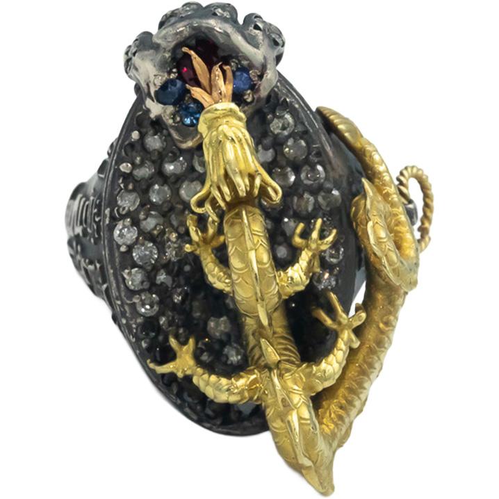 STAMBOLIAN 18k Gold Sterling Silver 1.98CT Diamond Sapphire Ruby Dragon Ring