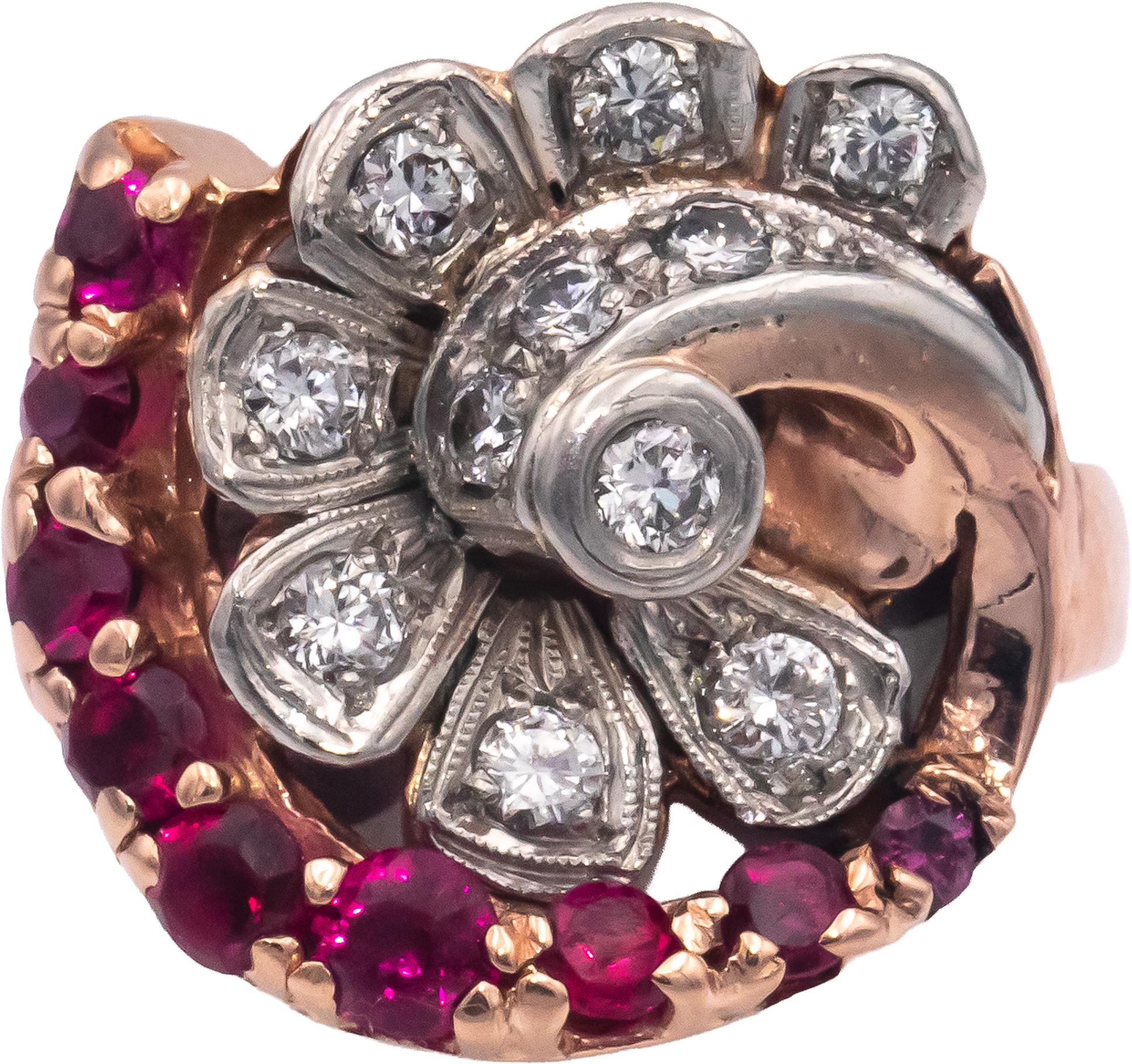 Retro Vintage 14k Rose Gold 1.50CT Diamond and Synthetic Ruby Ring Size 6.75