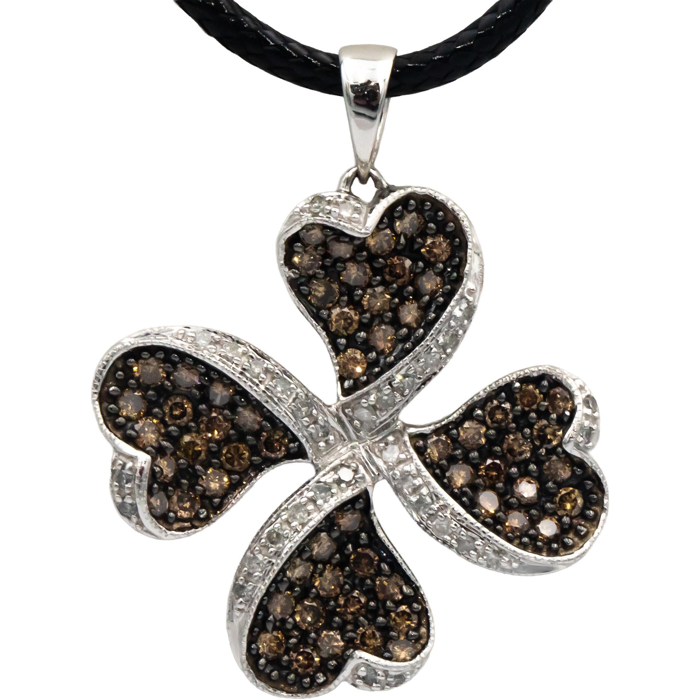 10k White Gold Round Diamond Clover Pendant Necklace 1.50CT