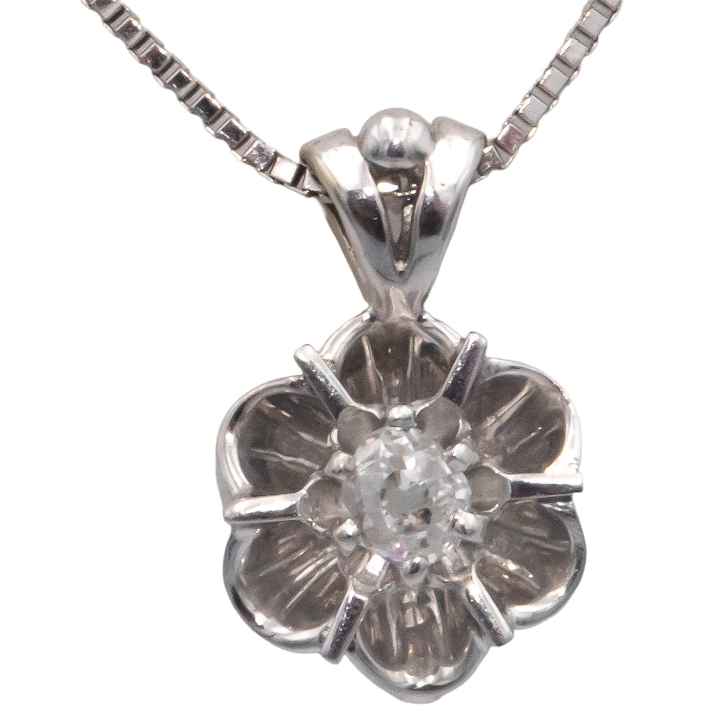 Vintage Antique 14k White Gold 0.20CT Old Mine Diamond Flower Pendant Necklace