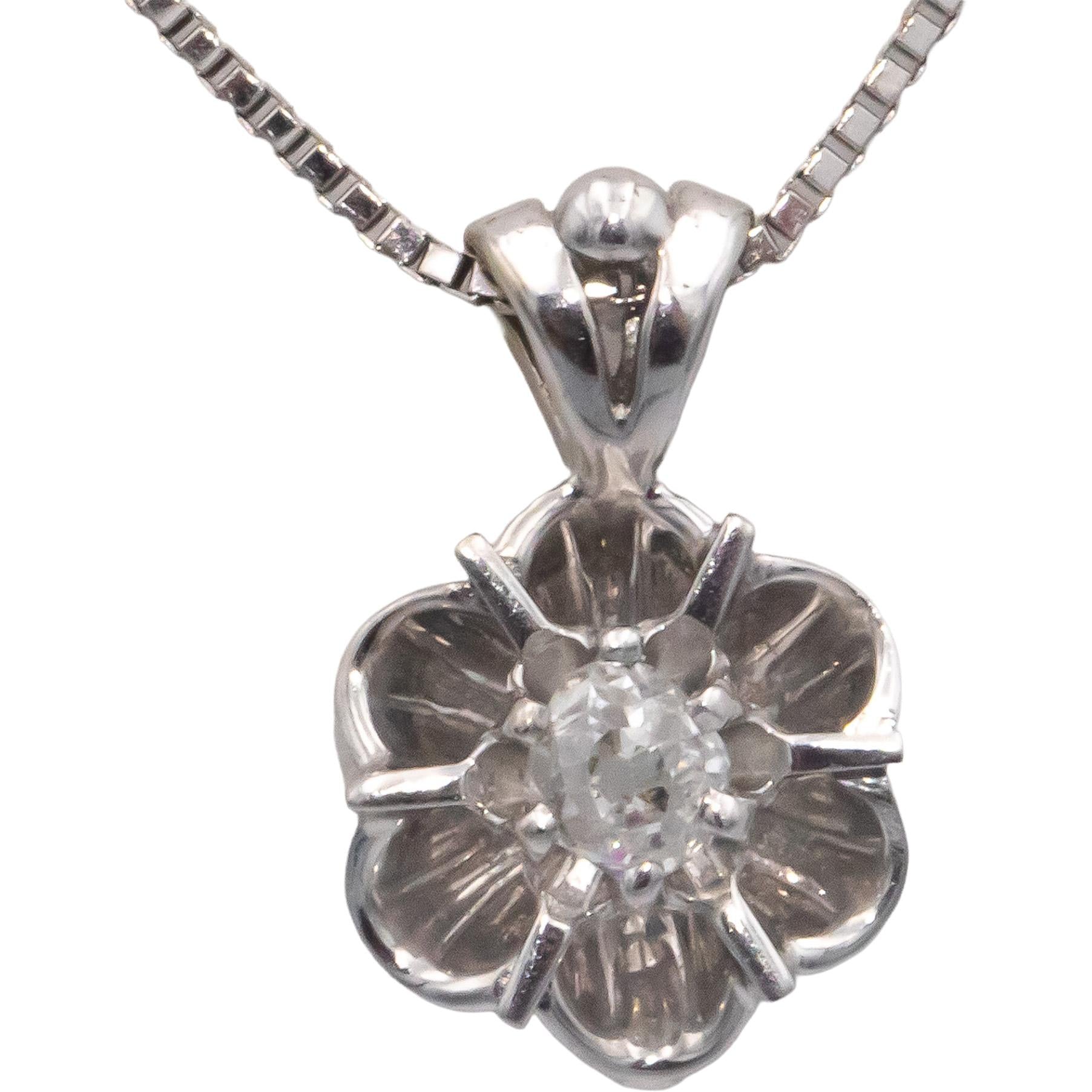 Vintage Antique 14k White Gold 0.20CT Old Mine Diamond Flower Pendant Necklace