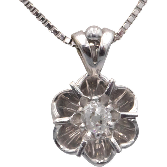 Vintage Antique 14k White Gold 0.20CT Old Mine Diamond Flower Pendant Necklace