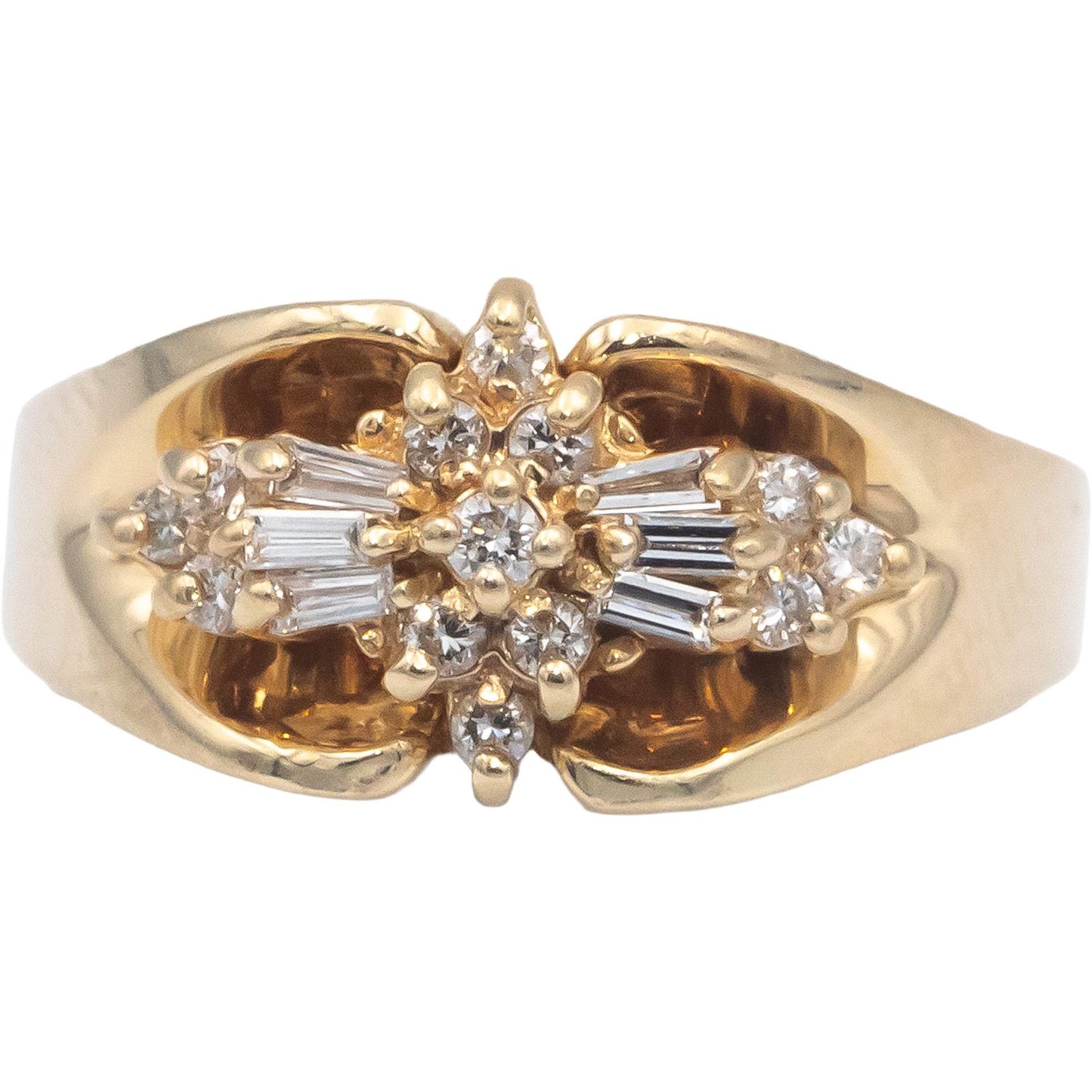 14k Yellow Gold 0.25CT VS Round and Baguette Cut Cluster Ring Size 7
