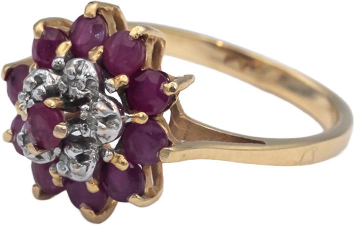 14k Yellow Gold 0.52CT Diamond and Ruby Cluster Cocktail Ring Size 5