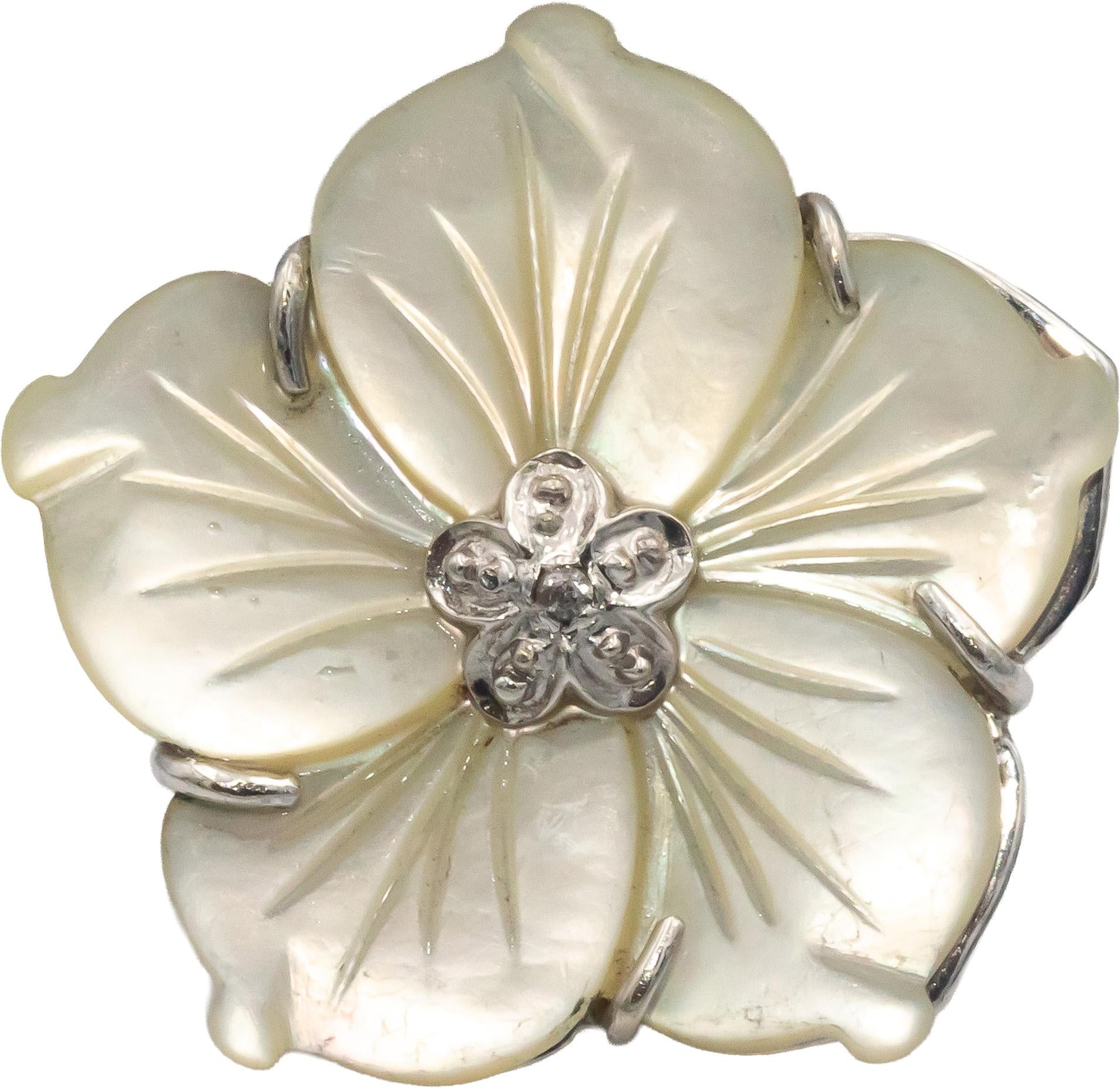 14k White Gold Carved Mother of Pearl Flower Ring w/ Diamond Accents Size 7