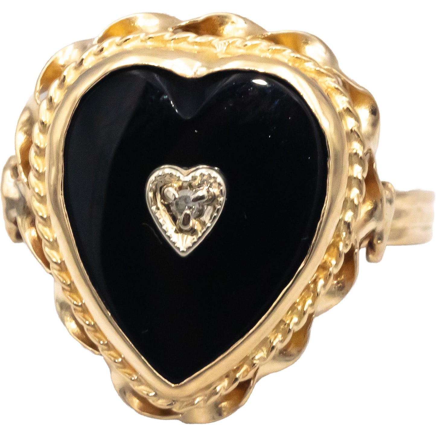 Black Onyx 10k Yellow Gold Heart Cocktail Ring Size 5.75 w/ Diamond Accent