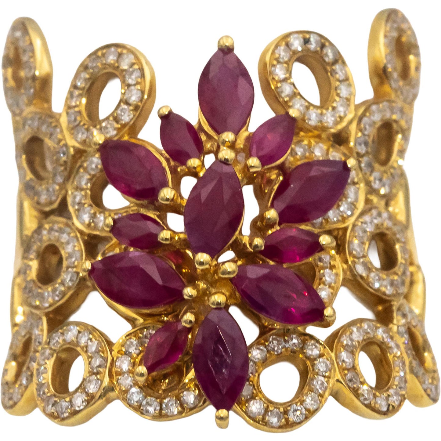 18k Yellow Gold VS Round Diamond Marquise Ruby Floral Cocktail Ring 1.65CT Sz. 7