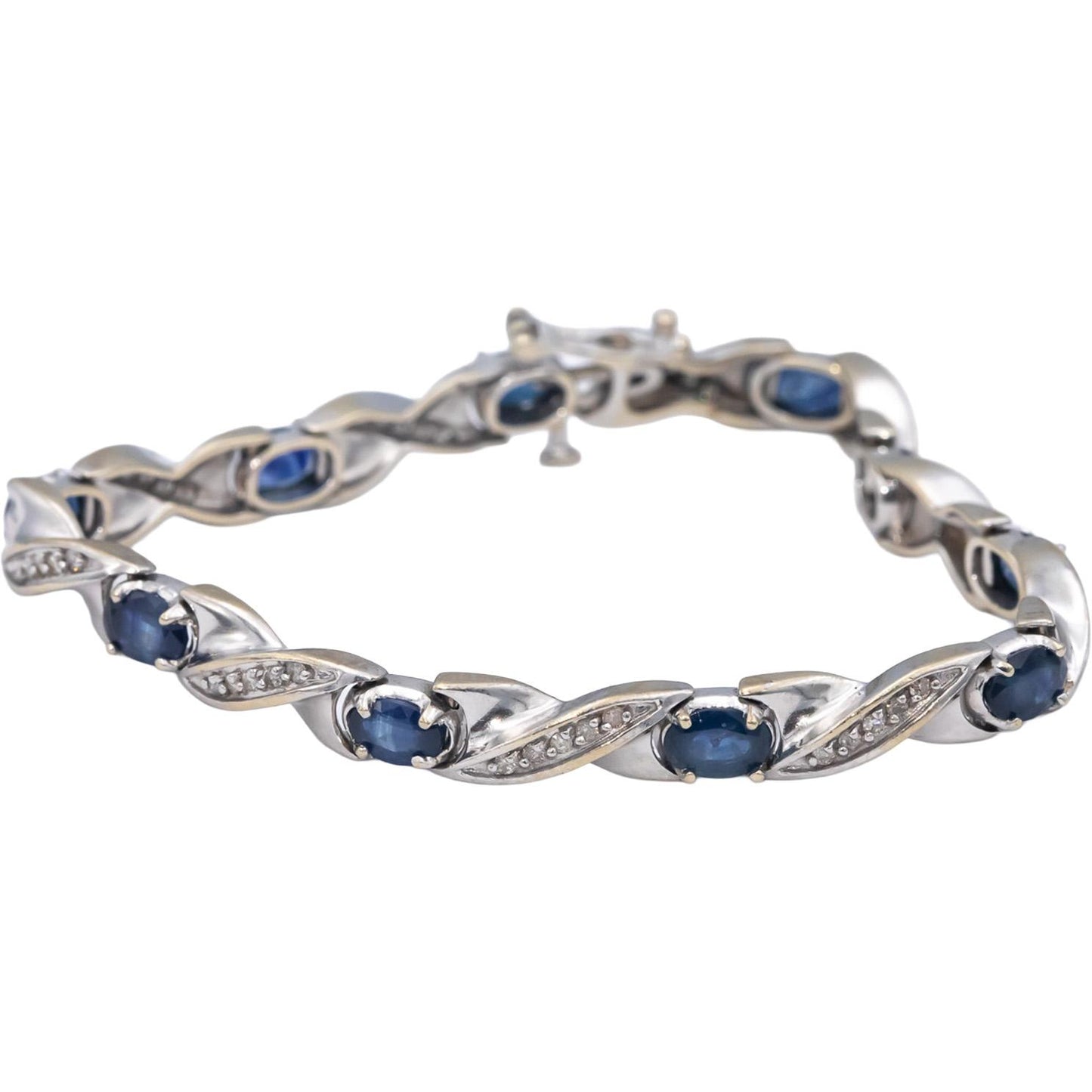 14k White Gold Oval Sapphire & Round Diamond Fancy Link Bracelet 4.50CT