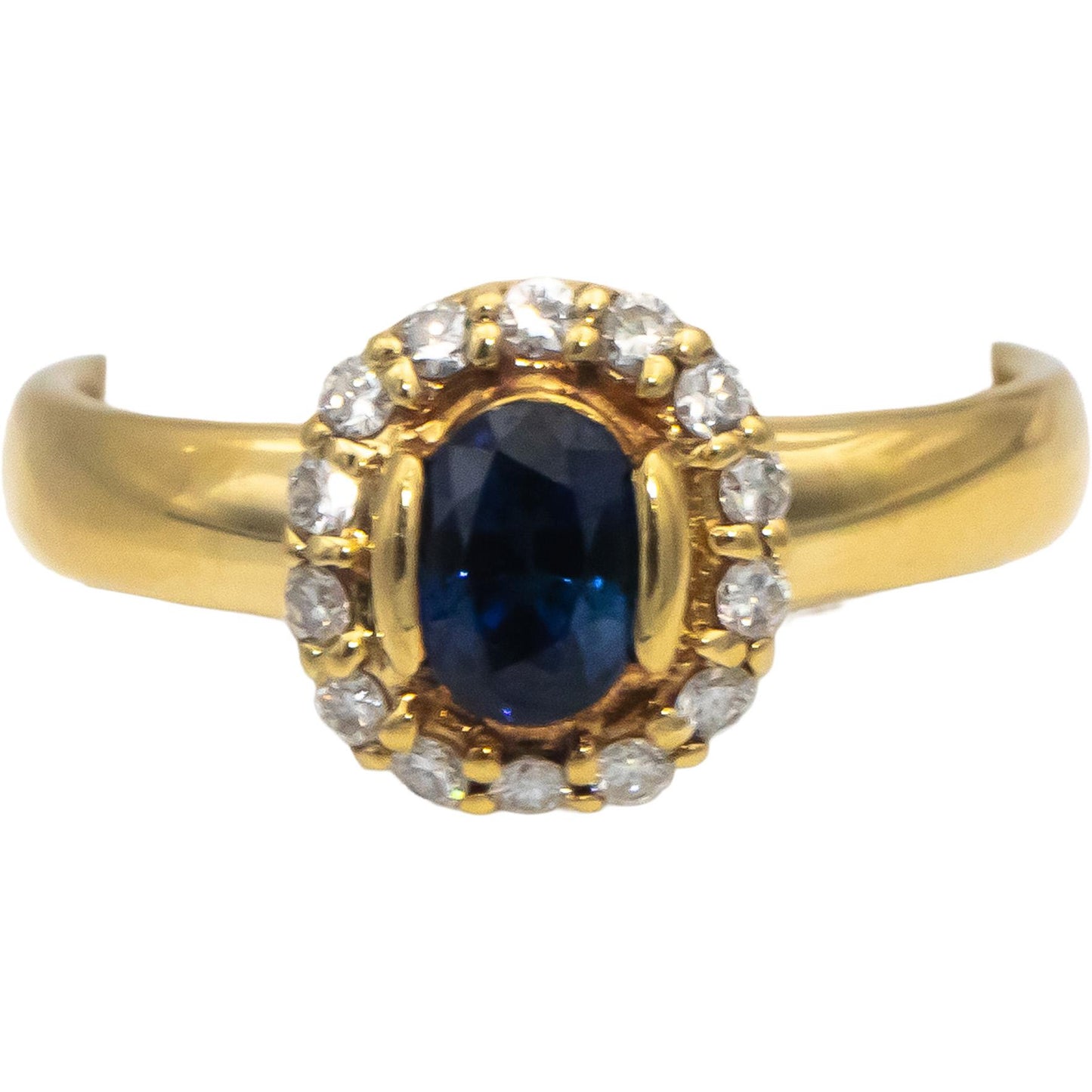 18k Yellow Gold Oval Sapphire and Round Diamond Halo Ring 0.97CT Size 6.25