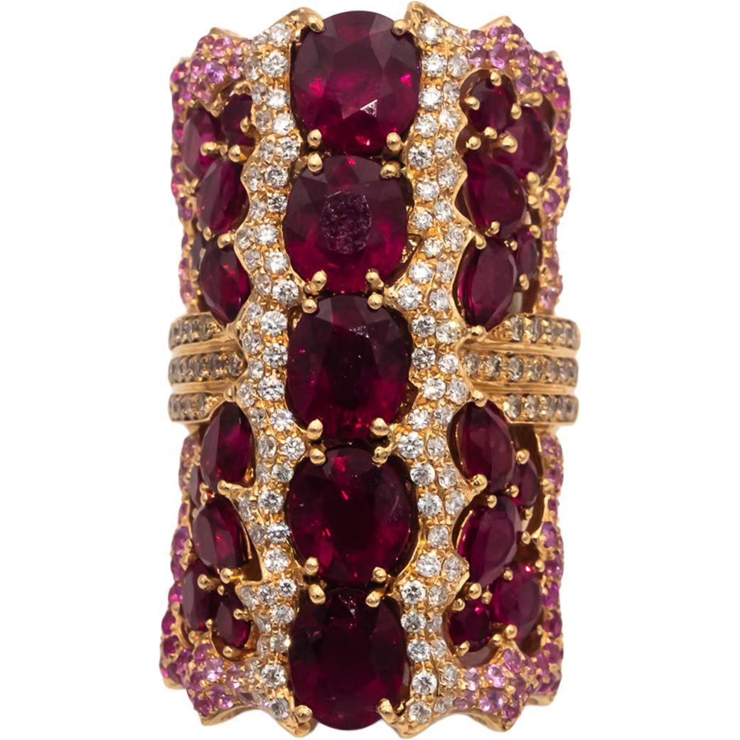 WENDY YUE 18k Rose Gold Diamond Rubellite & Pink Sapphire Cocktail Ring 14.75CT