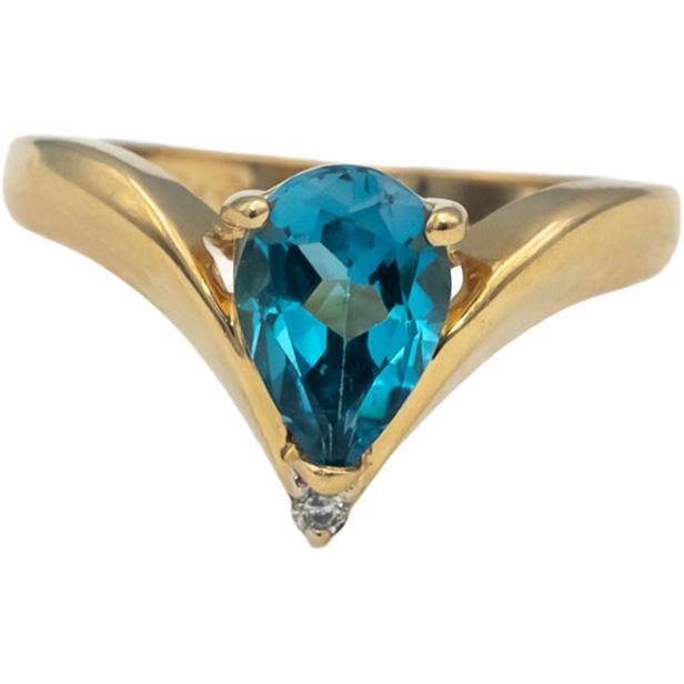 14k Yellow Gold Pear Blue Topaz Cocktail Ring w/ Diamond Accent 1.50CT Size 6.75