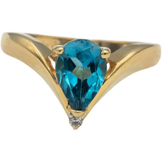 14k Yellow Gold Pear Blue Topaz Cocktail Ring w/ Diamond Accent 1.50CT Size 6.75
