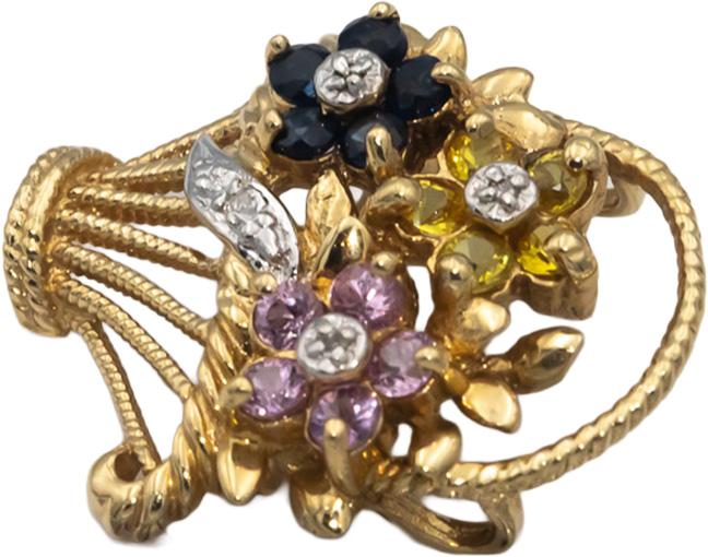 14k Gold Diamond & Yellow Pink Blue Sapphire Flower Basket Brooch Pendant .53CTW