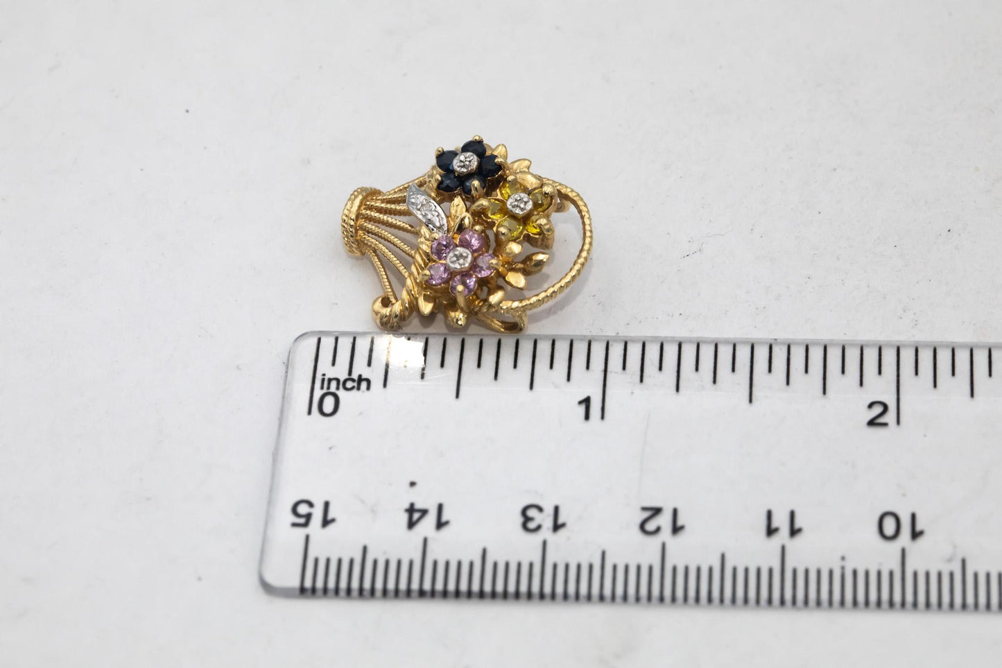 14k Gold Diamond & Yellow Pink Blue Sapphire Flower Basket Brooch Pendant .53CTW
