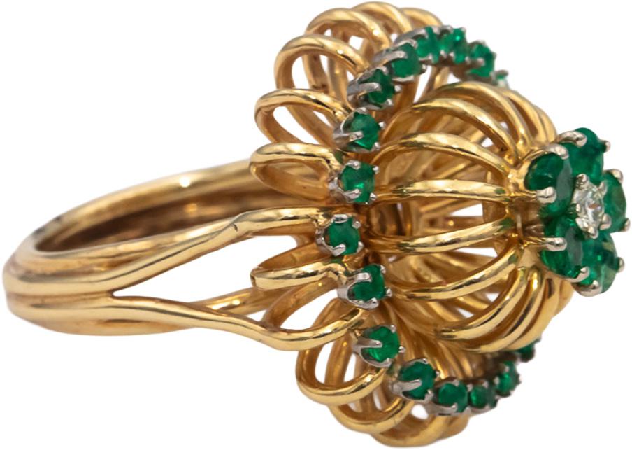 14k Yellow Gold Round Diamond & Emerald Cocktail Ring 0.93CT Size 7