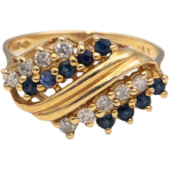 14k Yellow Gold Round Diamond & Blue Sapphire Cocktail Ring 0.50CT Size 7