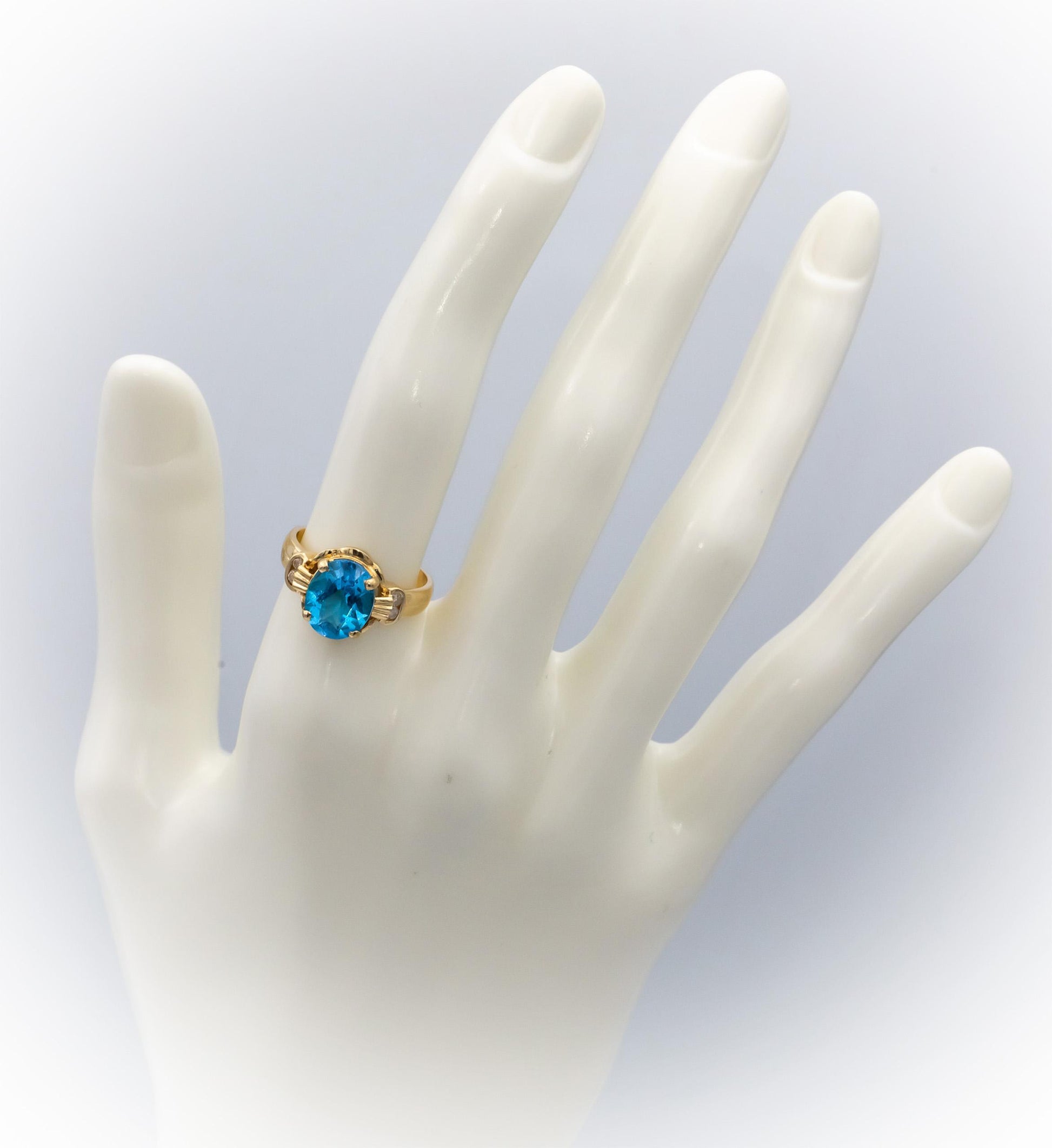 14k Yellow Gold Oval Blue Topaz & Round Diamond Cocktail Ring 1.55CTW Size 6.25
