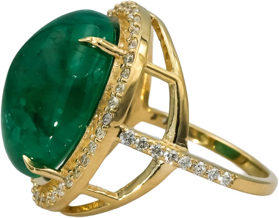 GIA Certified 14k Yellow Gold Oval Cabochon Emerald and Diamond Ring 17.01CTW