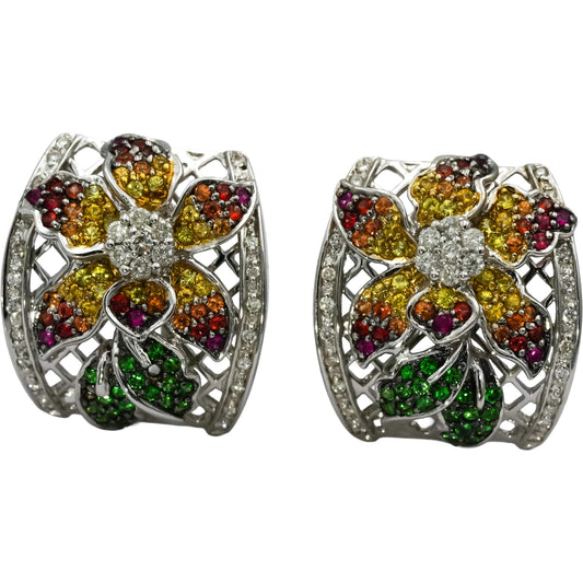 18k White Gold Diamond and Multi Color Assorted Gemstone Floral Earrings 2.40CT