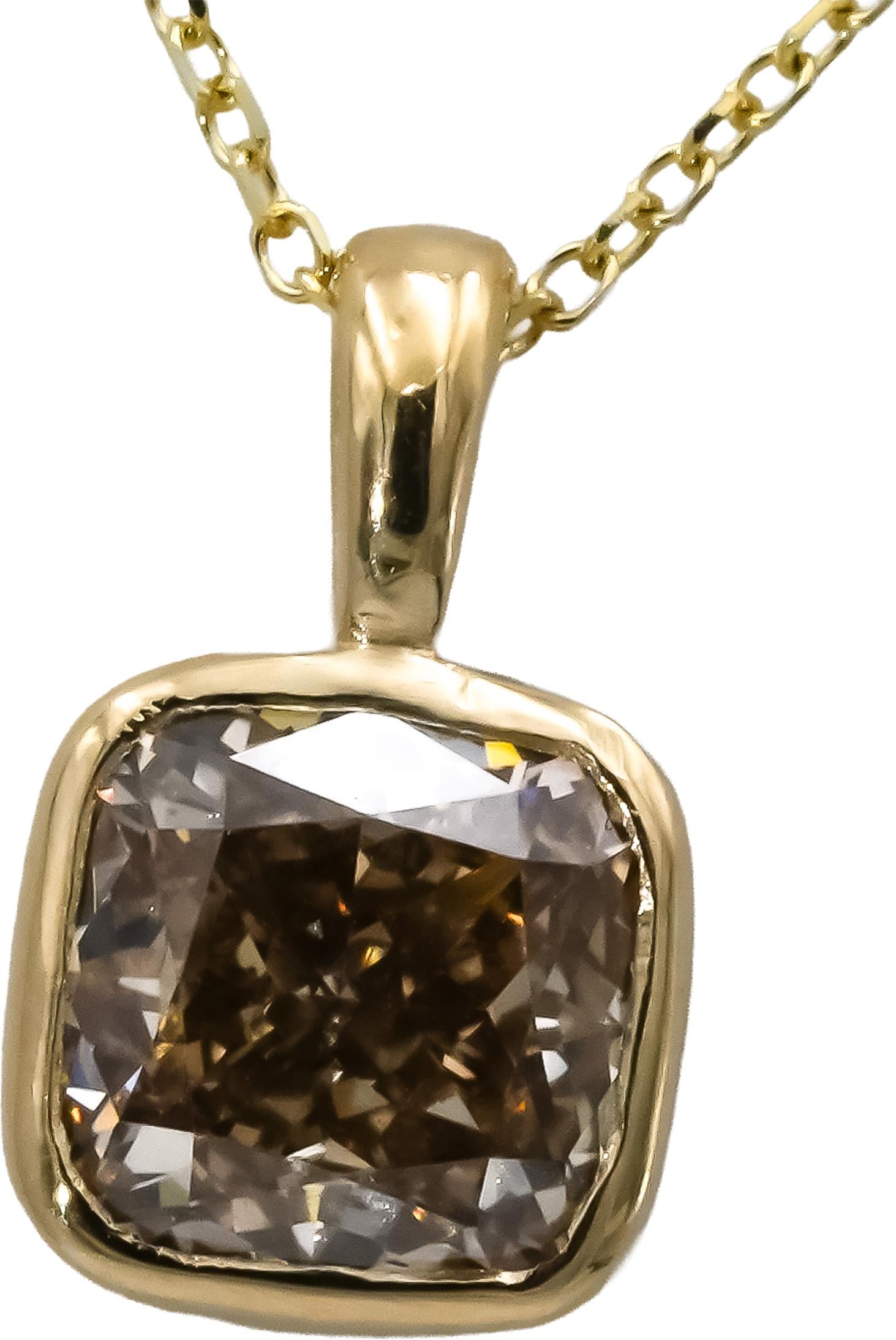 14k Yellow Gold Cushion Cut Bezel Set Diamond Solitaire Pendant Necklace 1.67CT