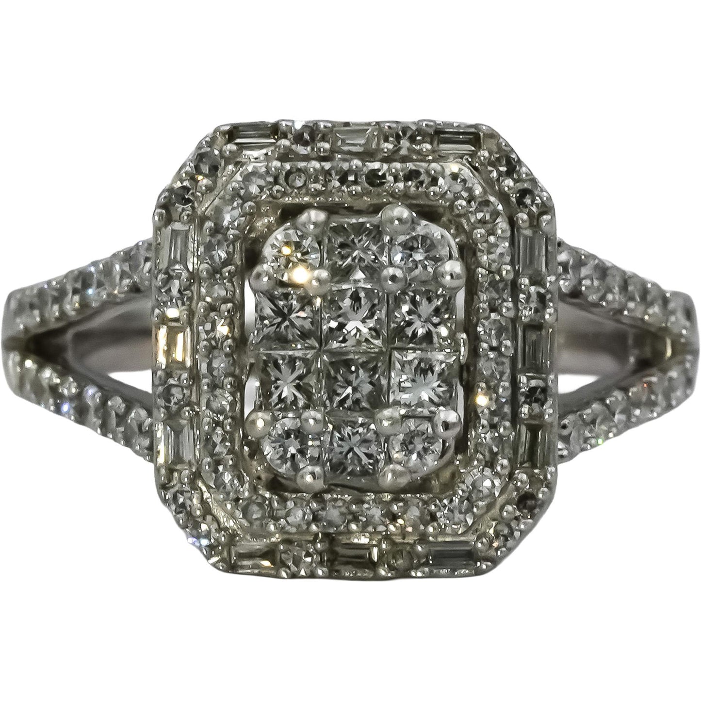14k White Gold Princess and Round Diamond Cluster Cocktail Ring 1.0CT Size 7