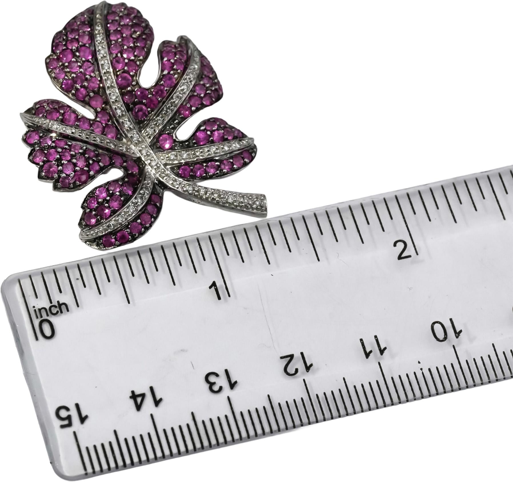 14k White Gold Diamond and Pink Sapphire Cluster Leaf Pendant 2.0CT