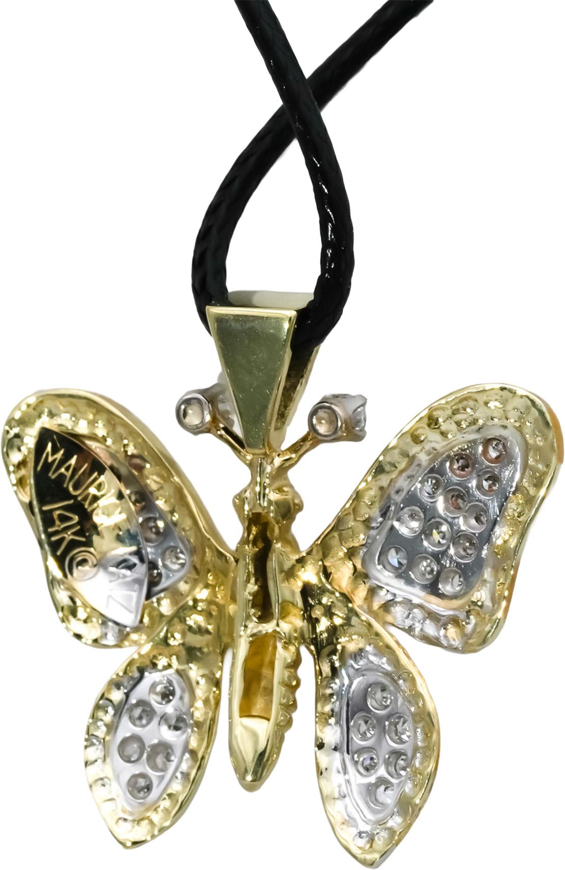 14k Yellow & White Gold Round Diamond Butterfly Pendant 0.50CT