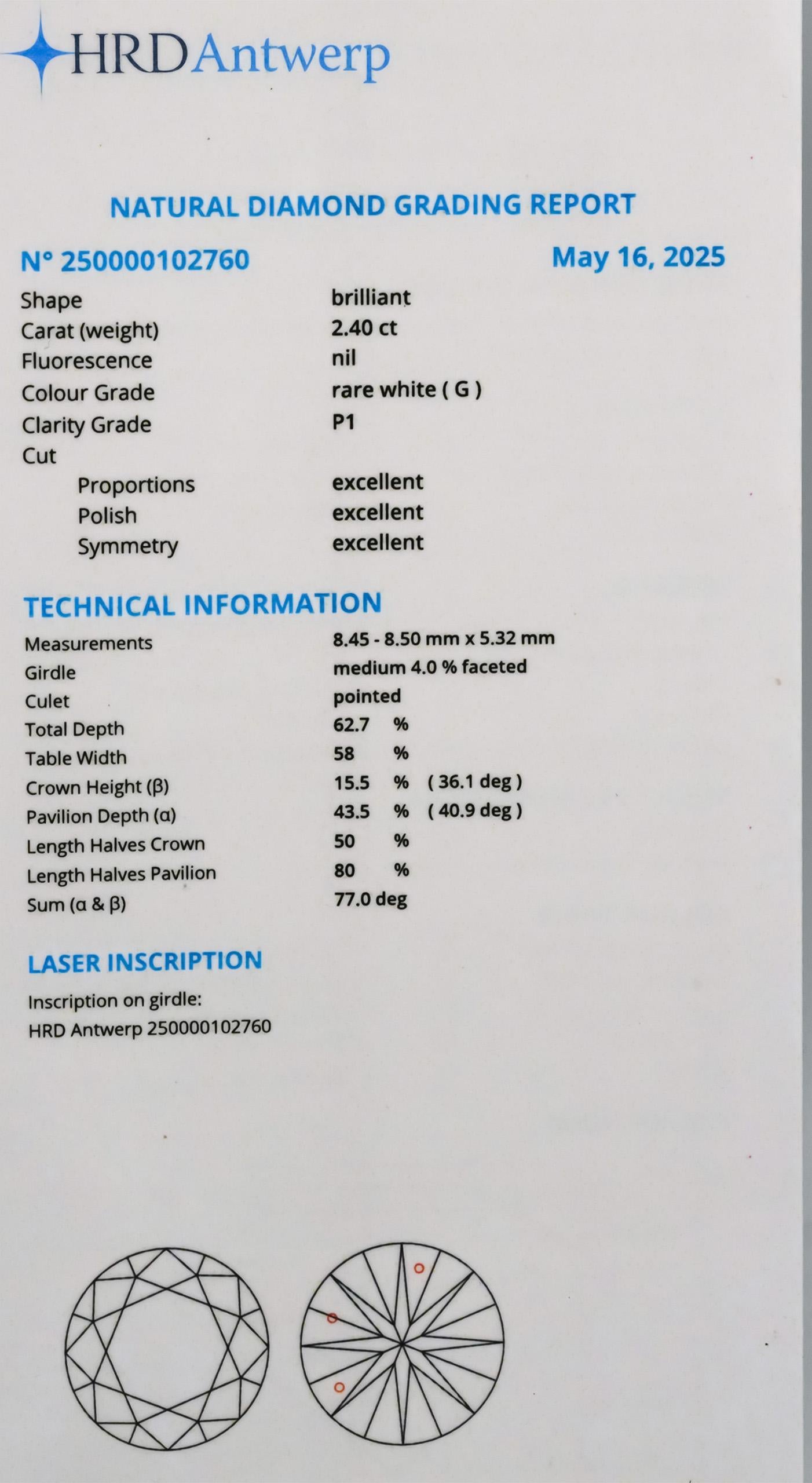 HRD Certified I1/G Round Cut Natural Diamond Loose Stone 2.40CT