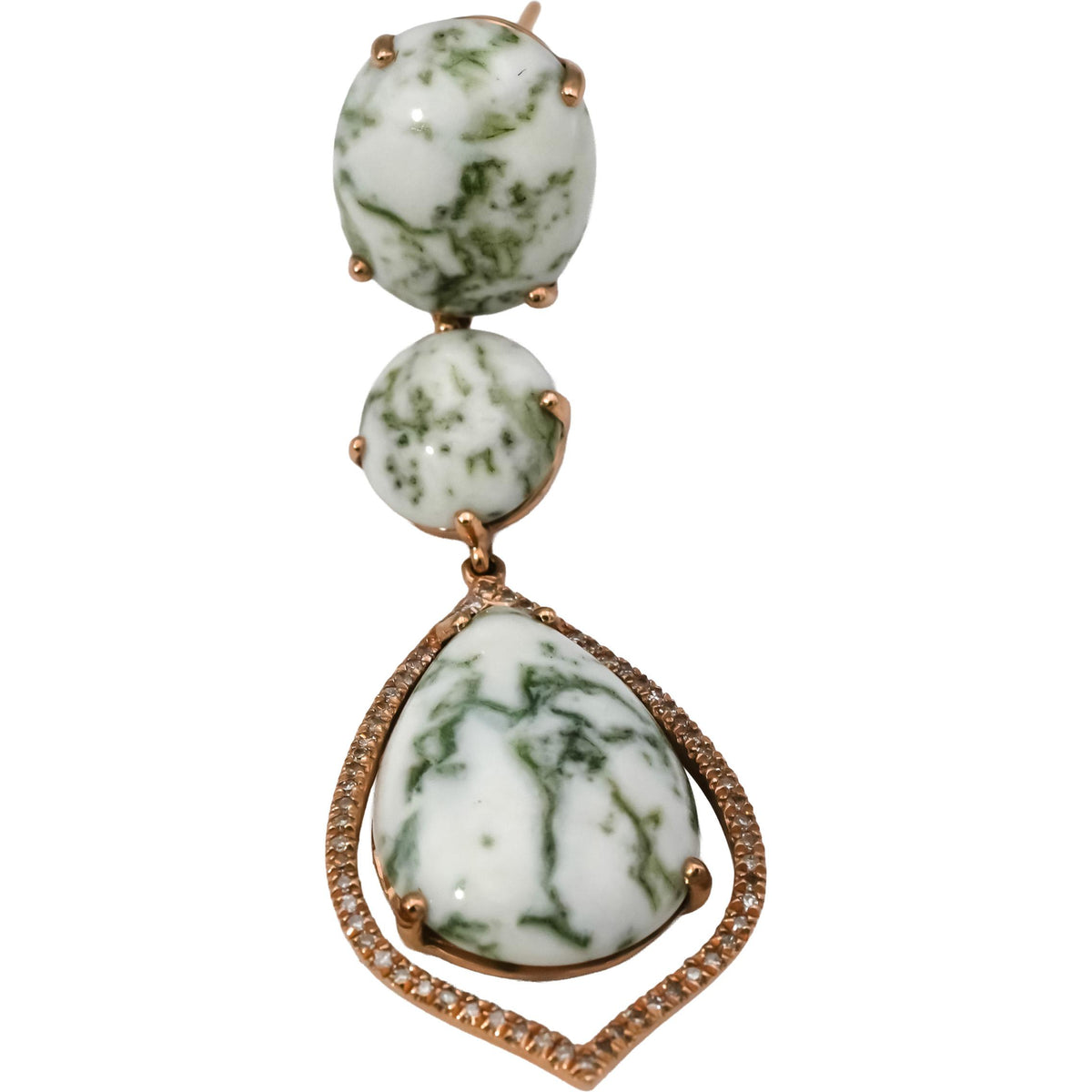 14k Rose Gold Diamond and Cabochon Tree Agate Drop Dangle Earrings 0.25CT