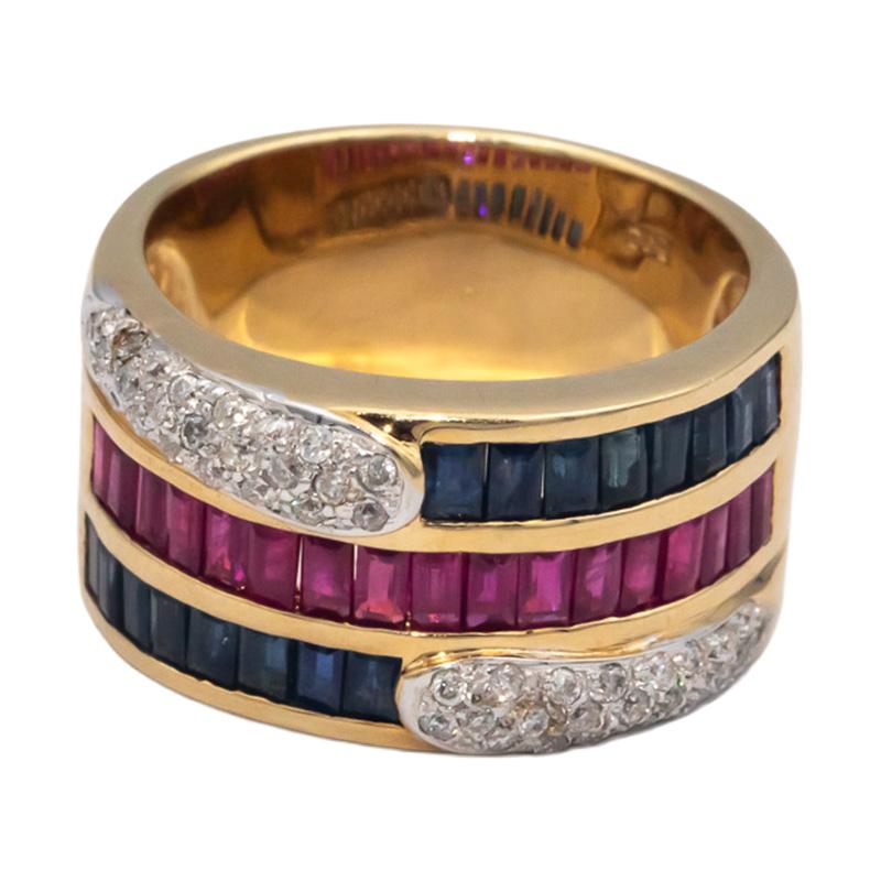 14k Yellow Gold 2.20CT Diamond Ruby Sapphire Wide Band Ring Size 8.5