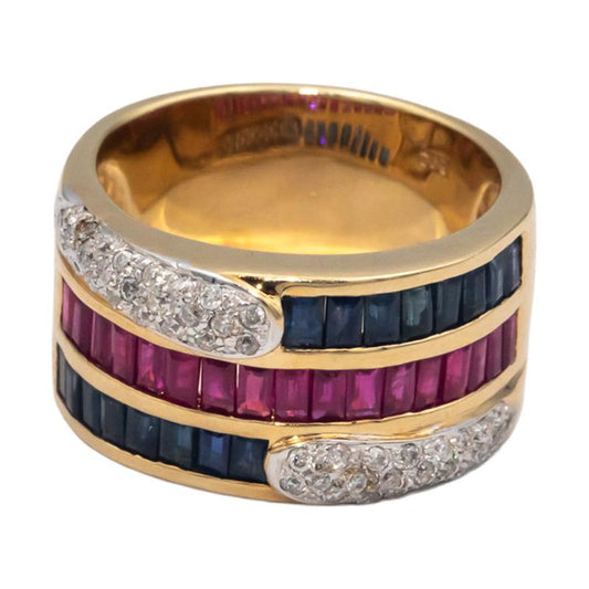 14k Yellow Gold 2.20CT Diamond Ruby Sapphire Wide Band Ring Size 8.5