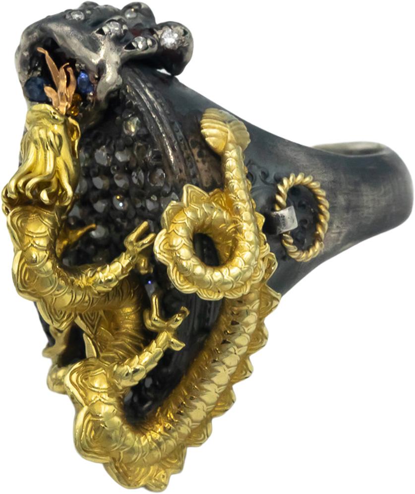 STAMBOLIAN 18k Gold Sterling Silver 1.98CT Diamond Sapphire Ruby Dragon Ring
